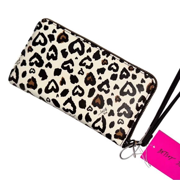 Betsey Johnson Leopard Heart Print XOZIP Faux Leather Wallet Wristlet Clutch Bag - Picture 6 of 12